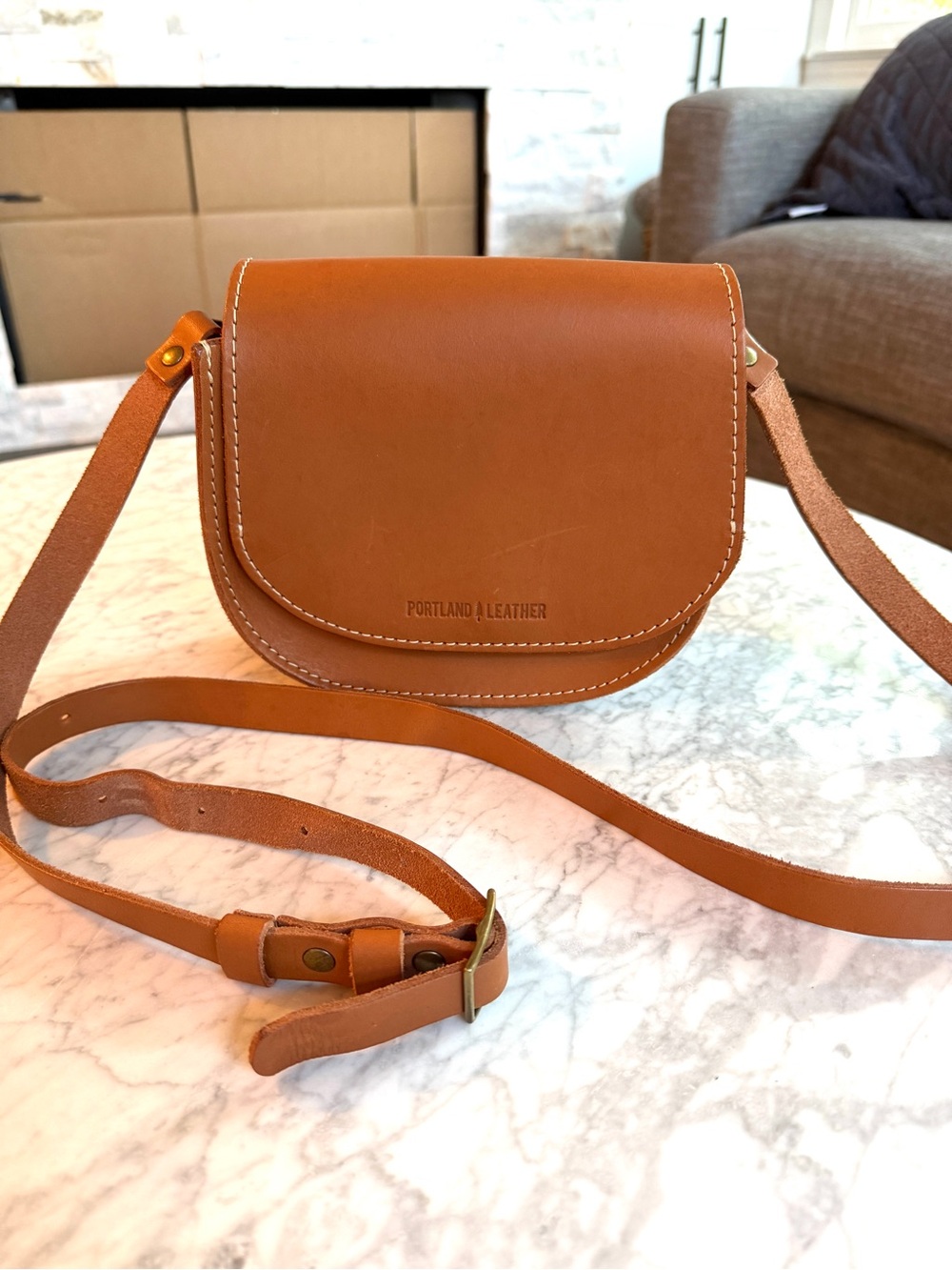 Portland Leather Goods Tan Saddle Bag Crossbody Structured Genuine Cognac